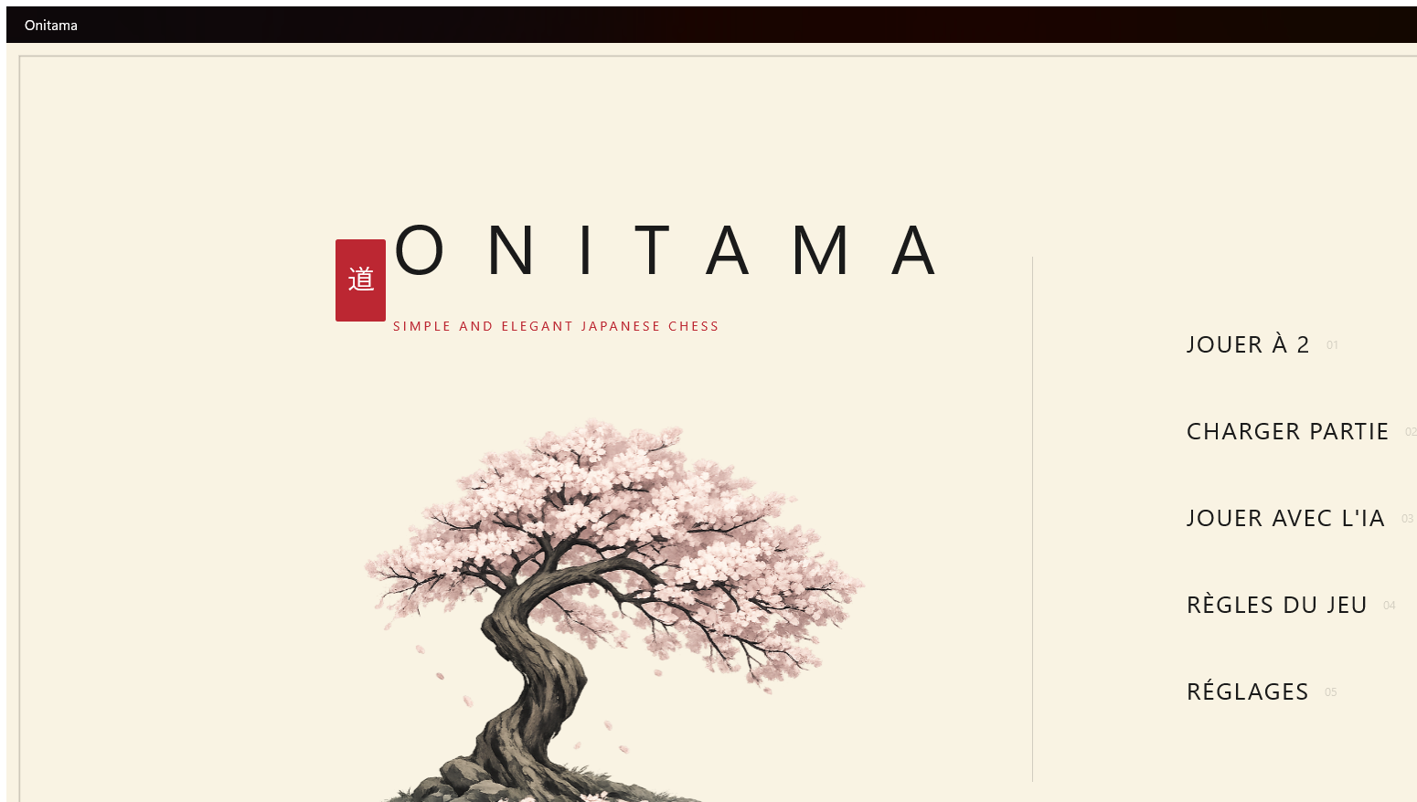 Capture d'écran du menu principal de l'application Onitama